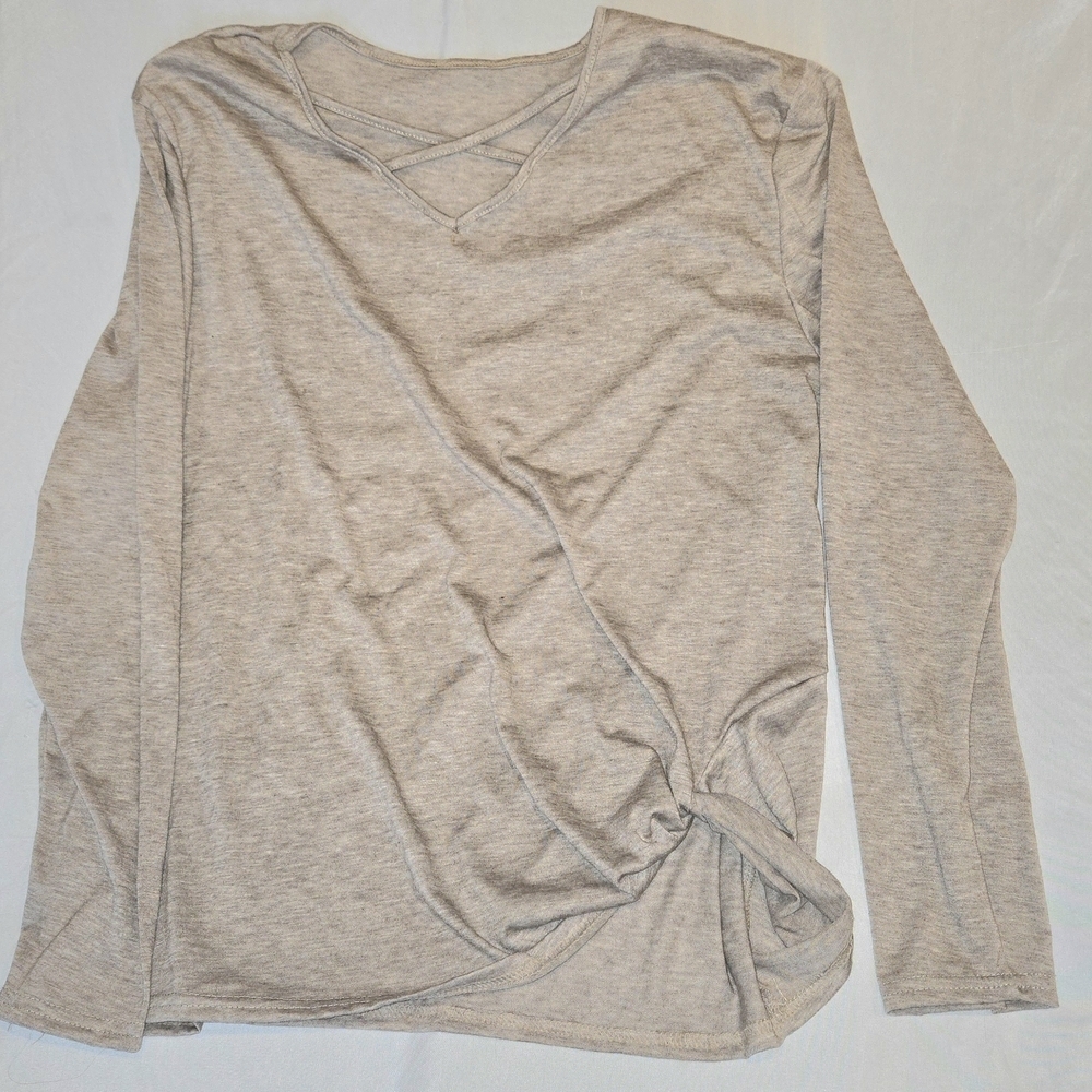 Elegant Beige Womens Long Sleeve V-neck With Criss Cross Twist On Left Top